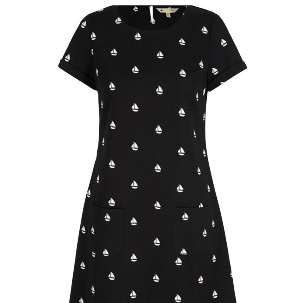 Yumi Black Sailboat Print Short Sleeve Shift Dress Womens Sz S Pockets Nautical